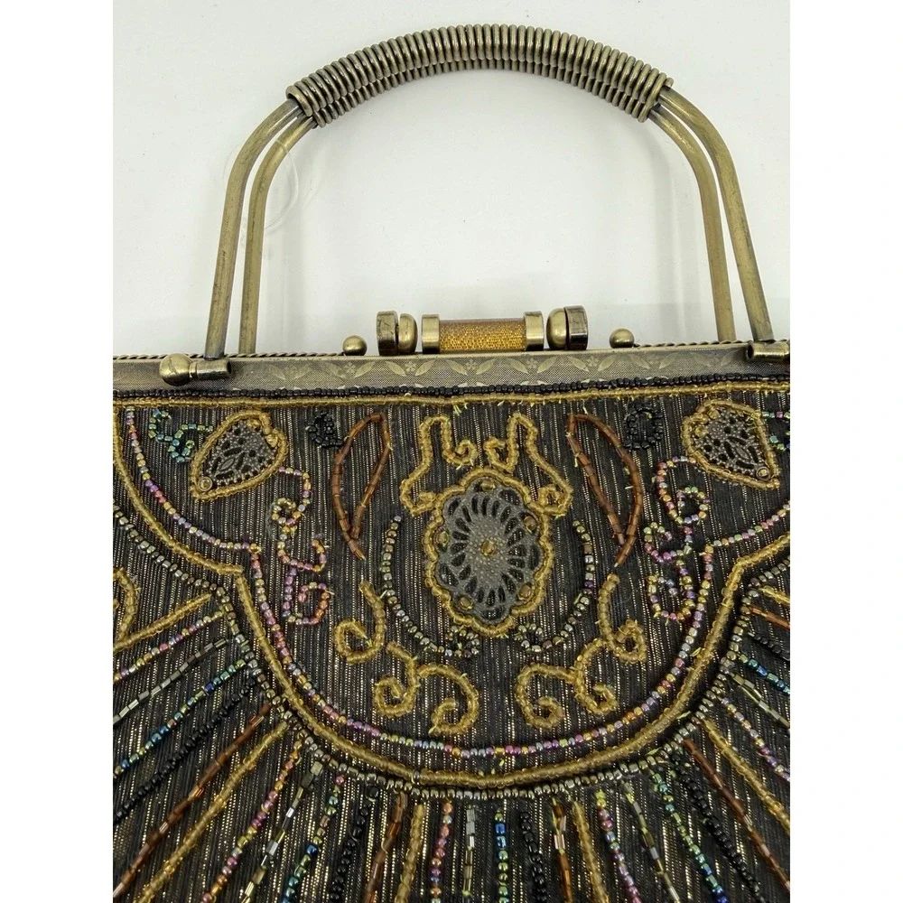 Antique Art Deco‎ Beaded Evening Purse Handbag Iridescent Glass Beads Vintage